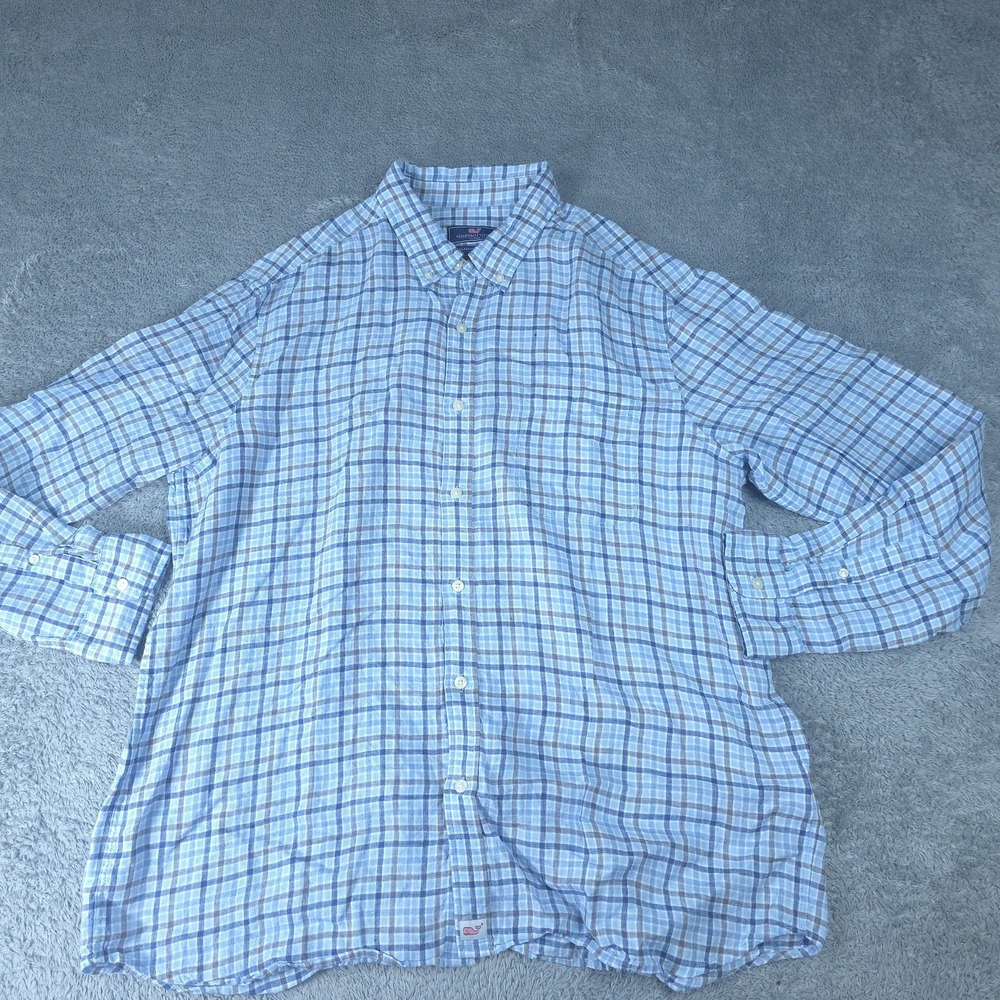 Vineyard Vines Shirt Mens XL Blue Plaid 100% Linen Classic Fit Button Down